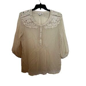 Coldwater Creek Beige Sheer Blouse XL Lace Yoke 3/4 Sleeve Button Placket Lightw